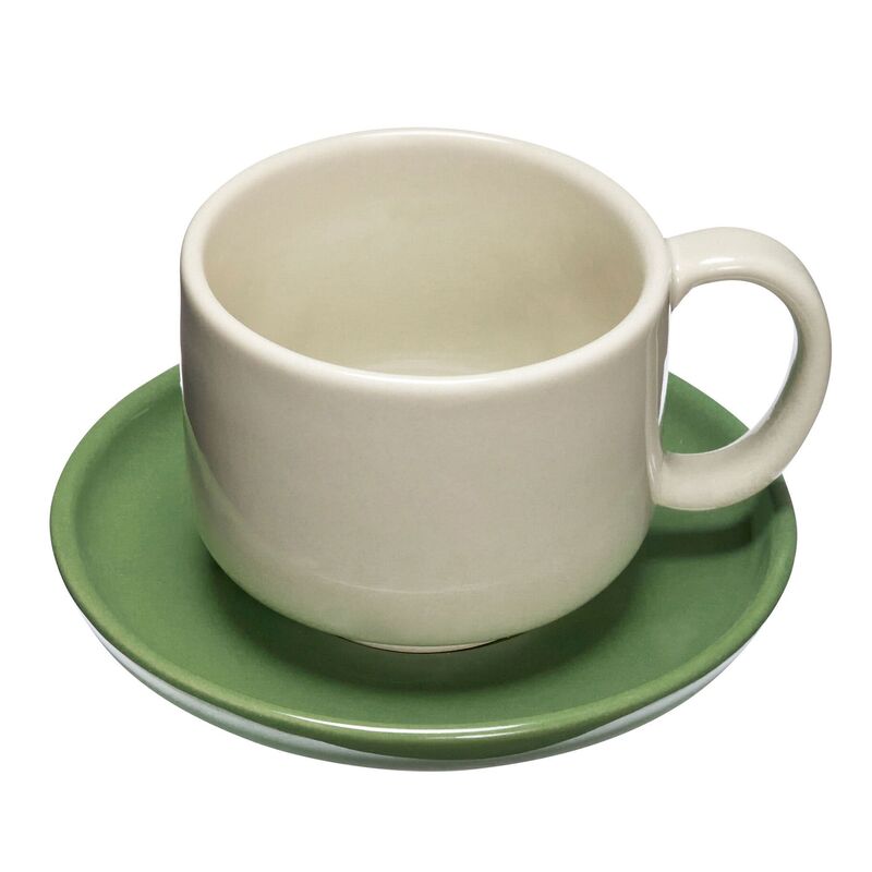 kopp med fat, sand/grön