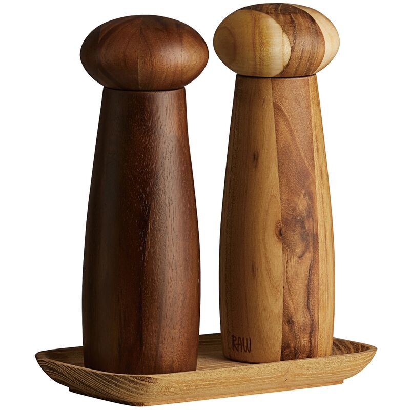 Raw kværnsæt + bakke, teak/mørkt træ