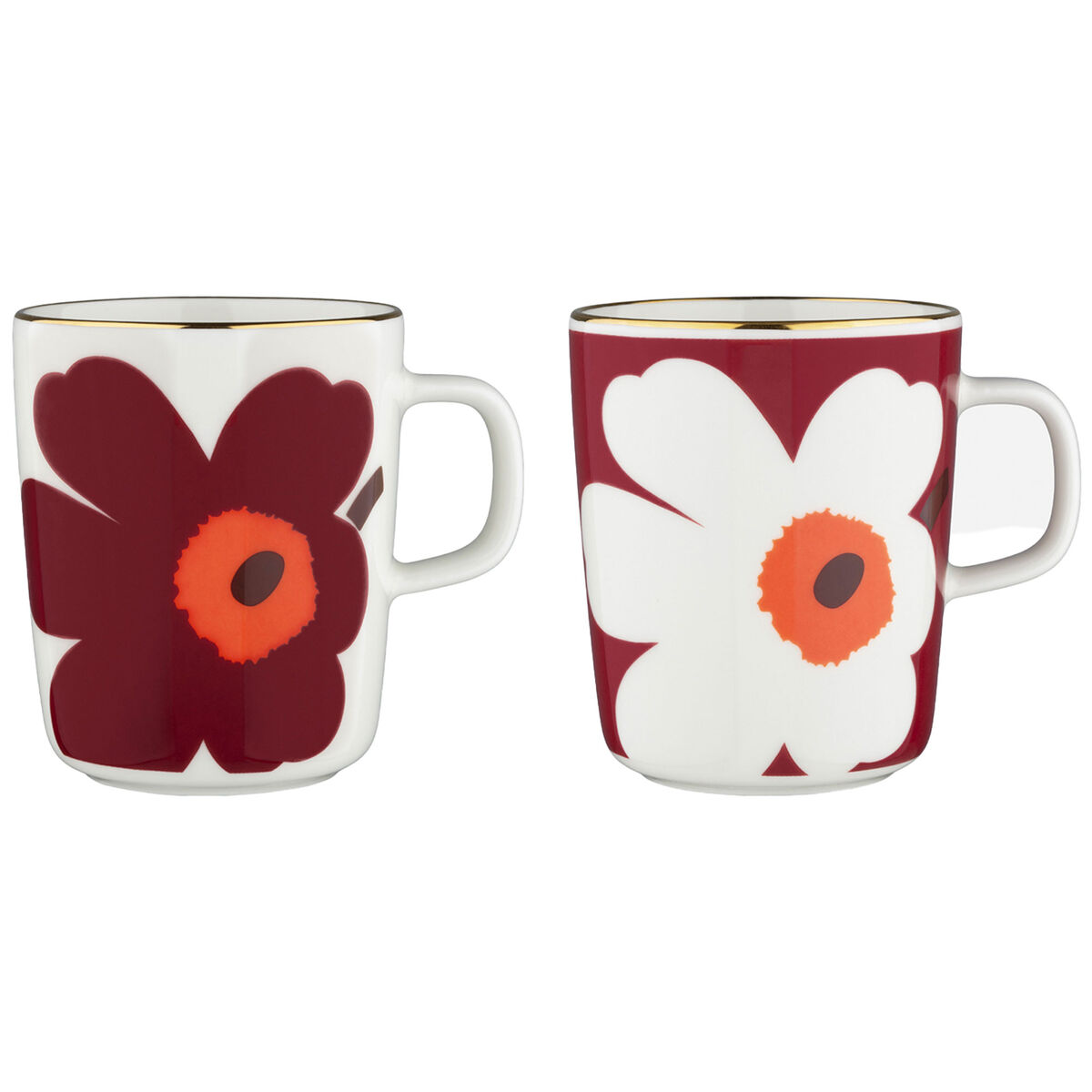 Marimekko Juhla Unikko muggar 2,5 dl 2 st, vit/vinröd/guld