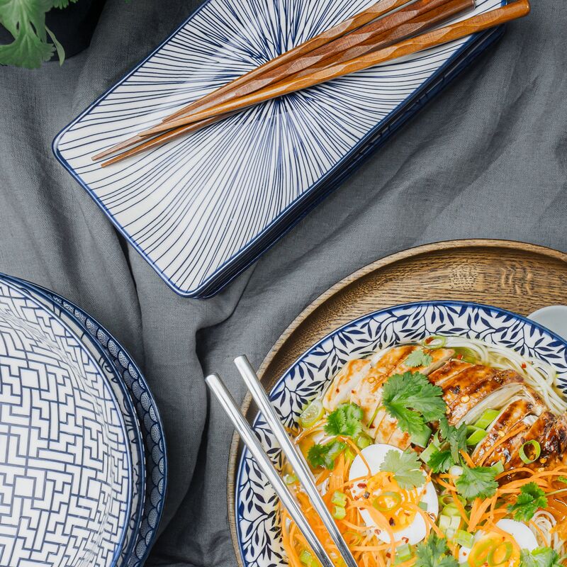 rektangulär tallrik 25x12 cm 4-pack, blå/vit