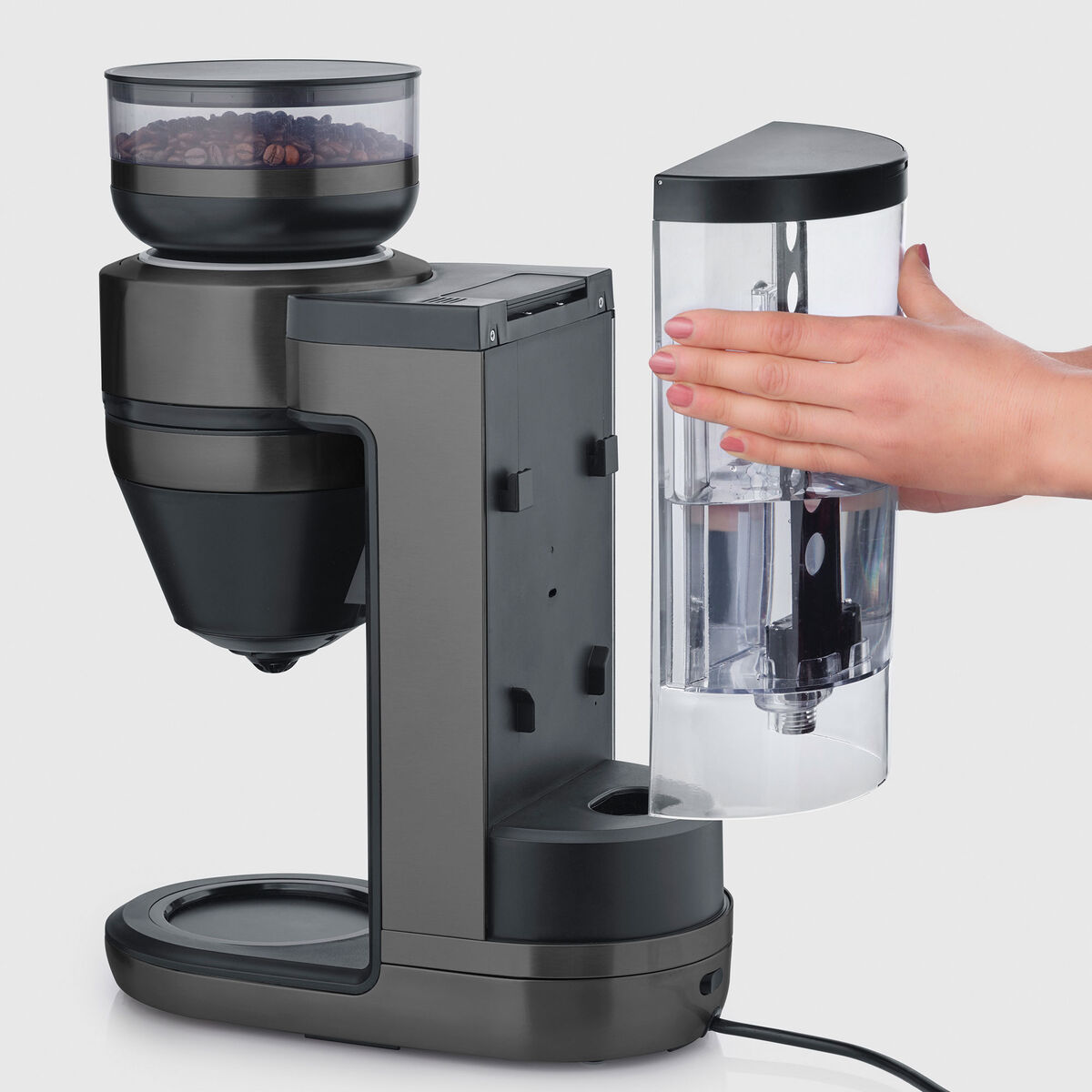 Severin FILKA kahvinkeitin lasikannulla, tumma metallipinta