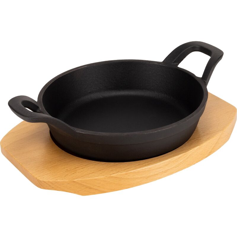 Serveringsform i støpejern 16 cm, bordskåner i tre