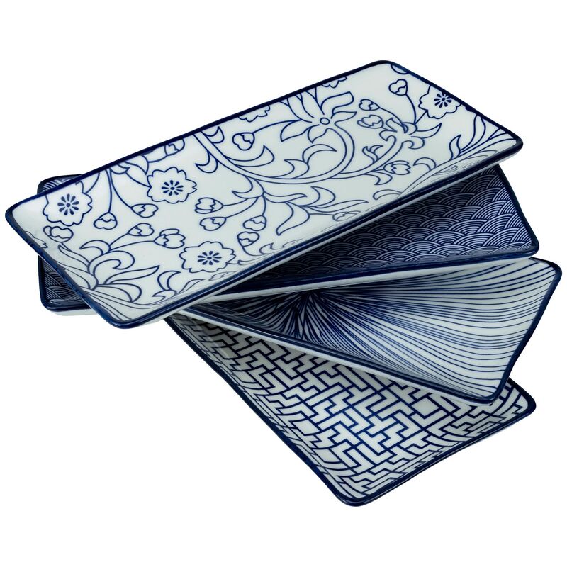 rektangulär tallrik 25x12 cm 4-pack, blå/vit