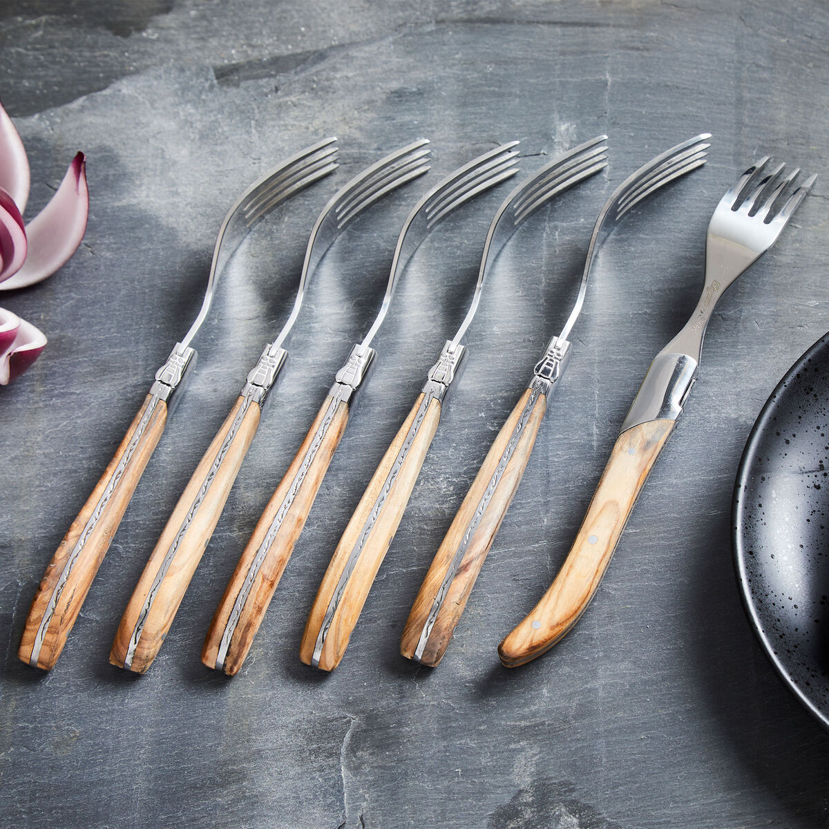 Gaffelset i presentask 6 delar, olivträ