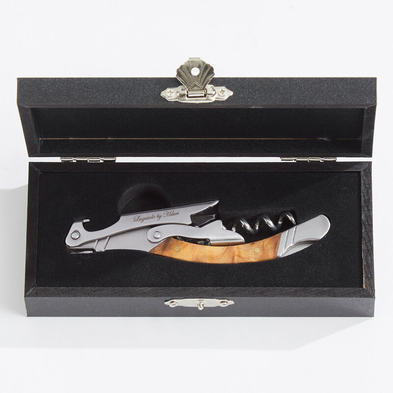 Vinöppnare i presentask, olivträ