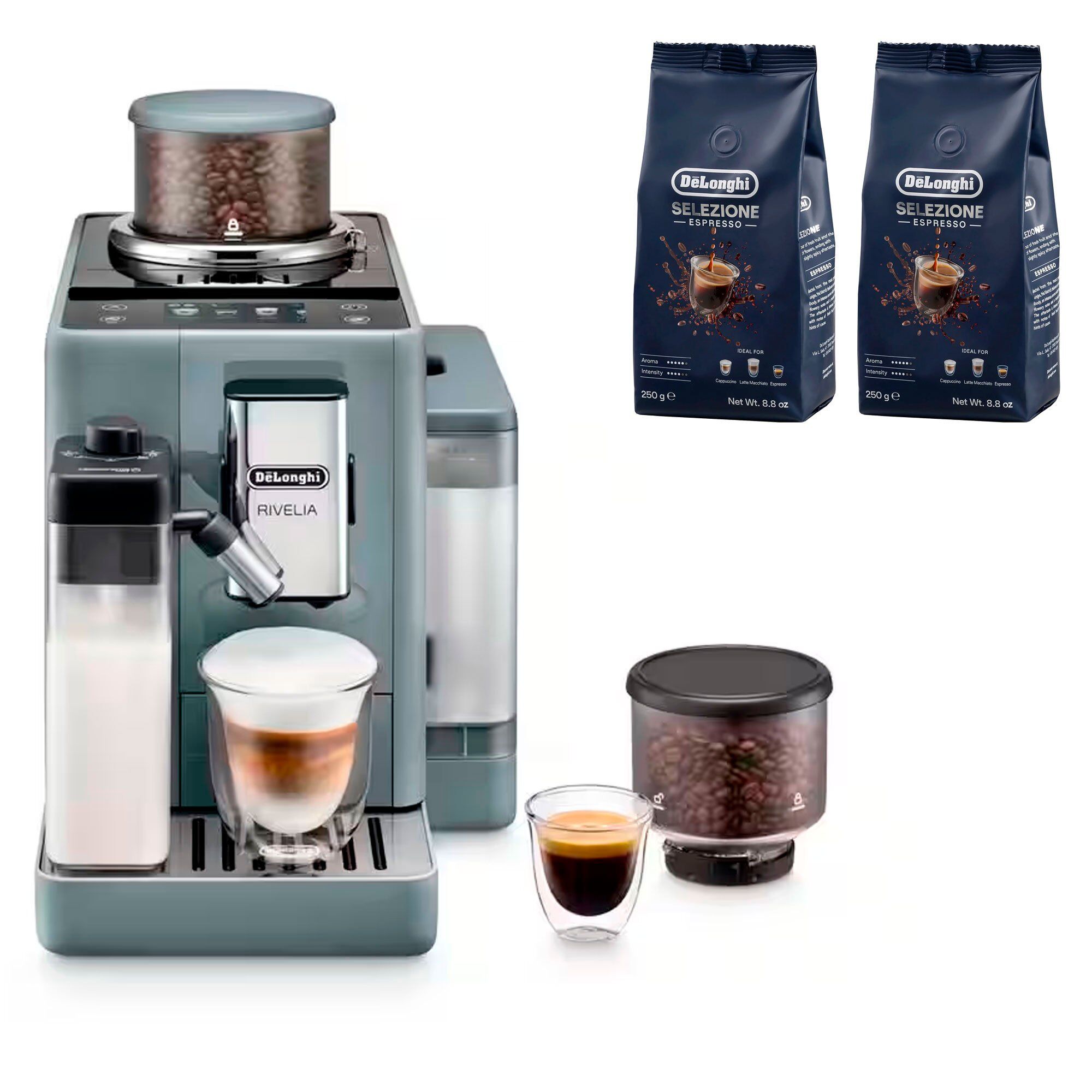 Delonghi Rivelia Helautomatisk kaffemaskin, grå & 2 st kaffebönor DLSC600