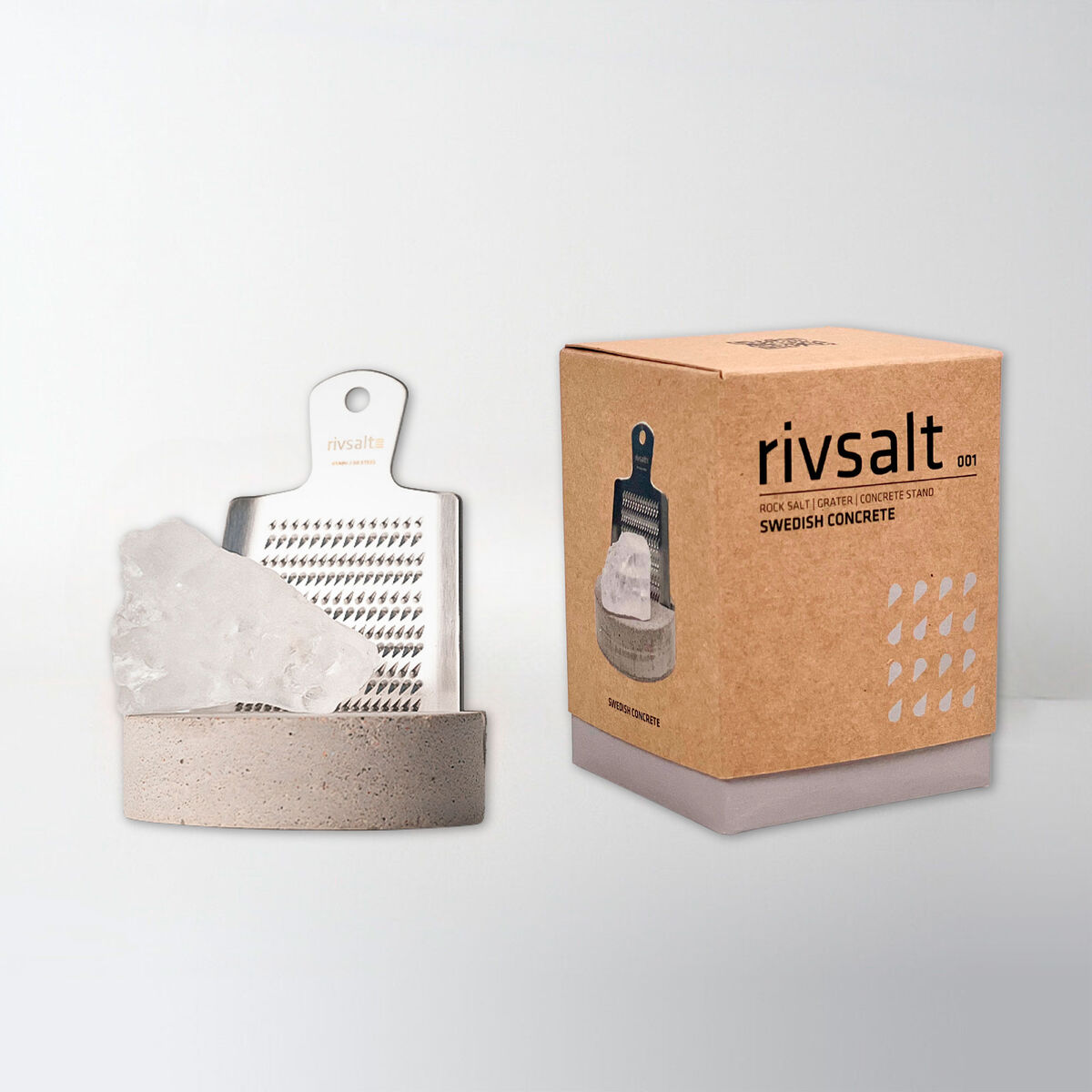 Rivsalt Sett med rivjern, betongstativ og halittsalt