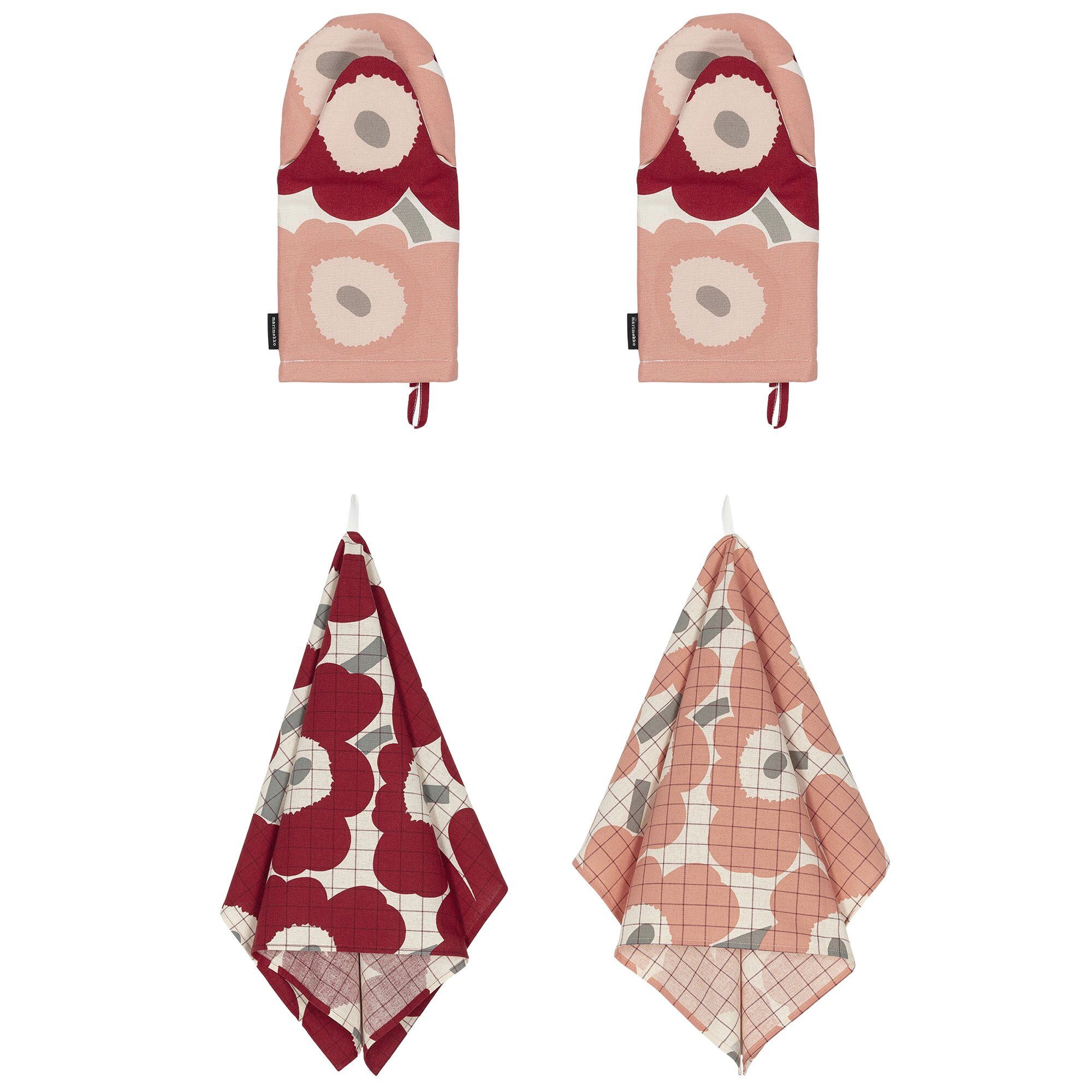 Marimekko Pieni Unikko kjøkkenhåndkle+grytevott 4 deler Cotton-dark cherry-rose