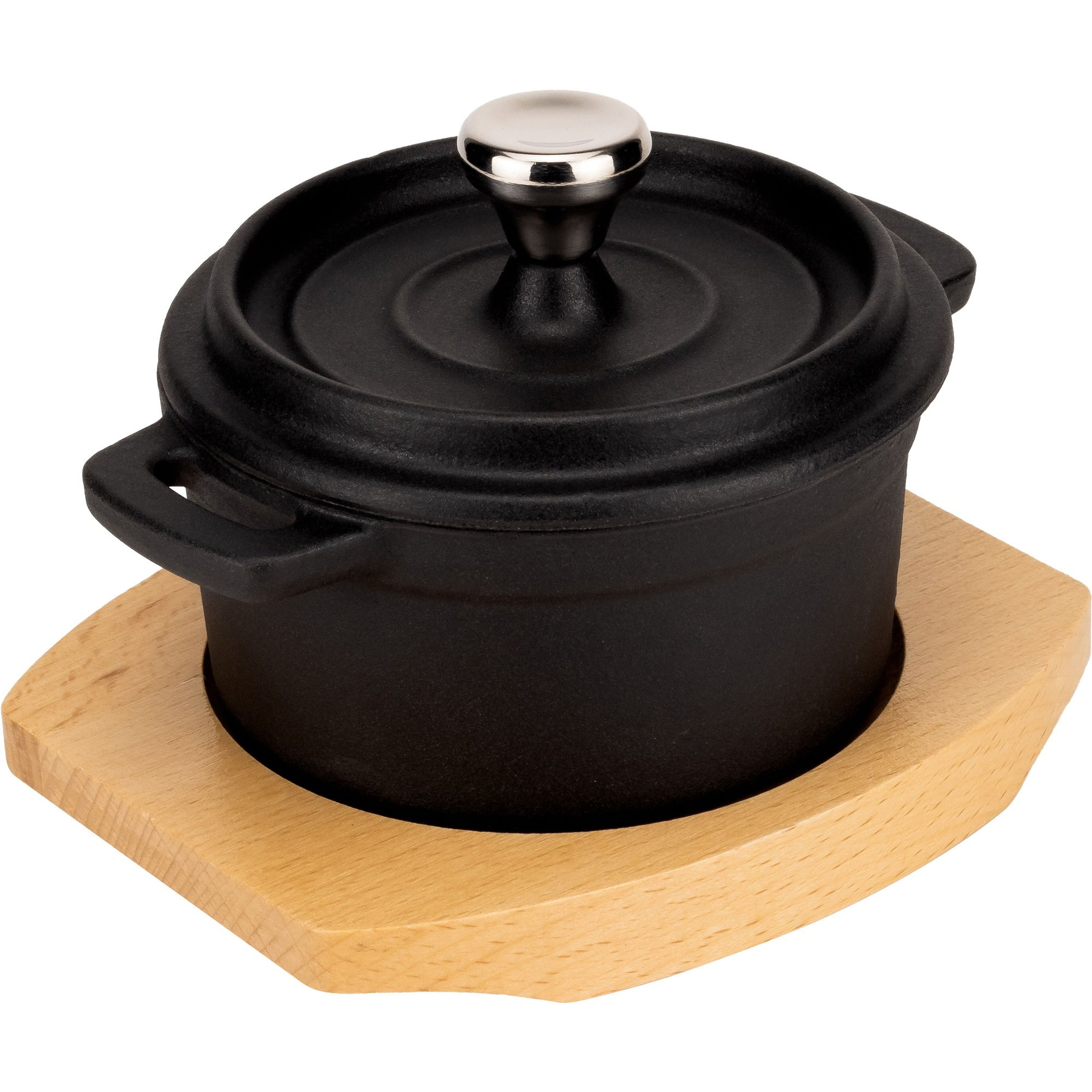 Gjutjärns Serveringsgryta 10 cm, underlägg i trä