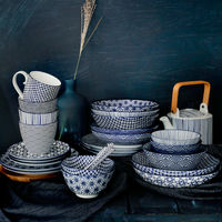 Nippon Blue skålset + ätpinnar, prickar/vågor