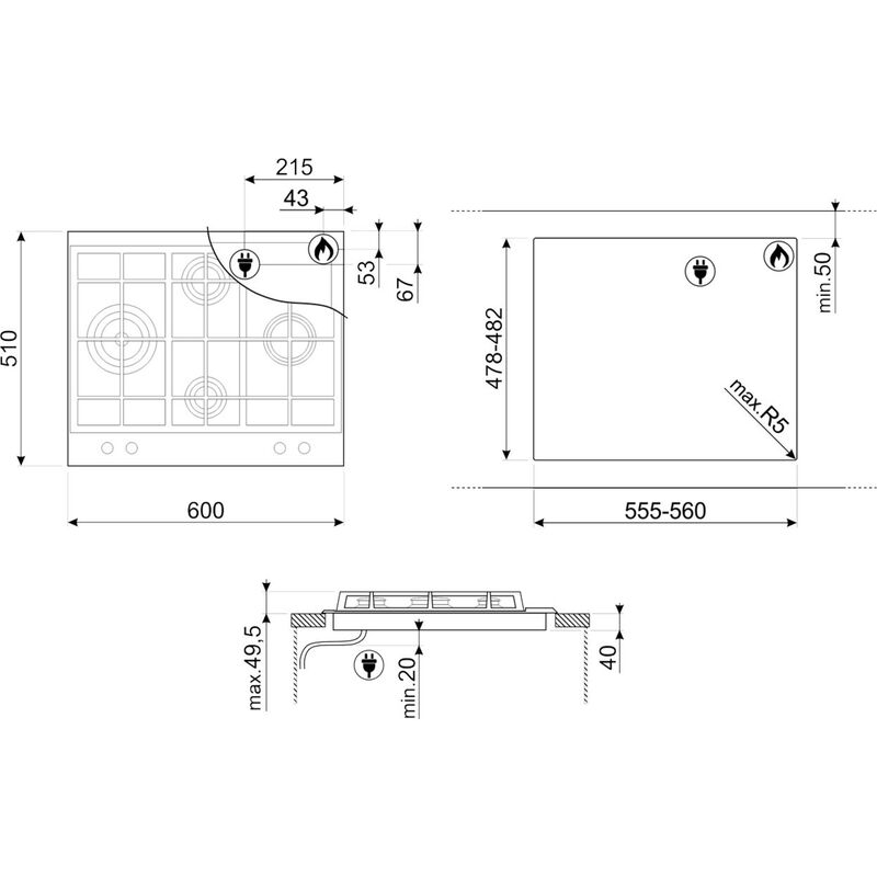 Gass Platetopp 60 cm, Børstet Stål