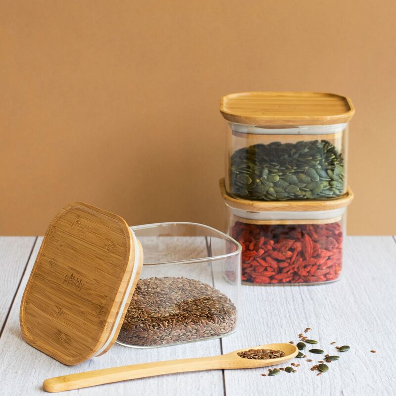Opbevaringsglas med bambuslåg 10x10 cm, 3 stk.