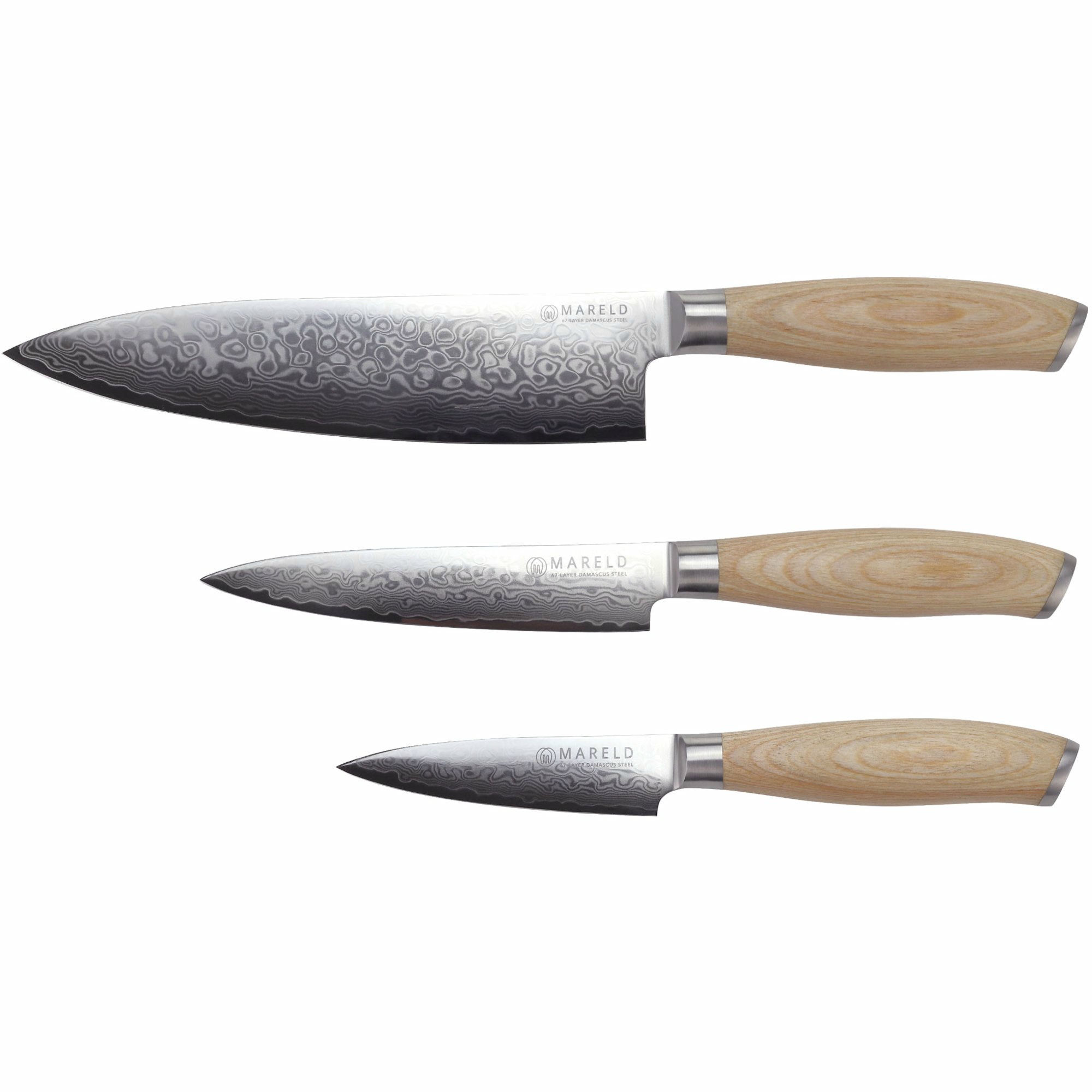 Akio sett med 3 japanske kniver: kokkekniv 21 cm, universalkniv 13 cm og skrellekniv 9 cm