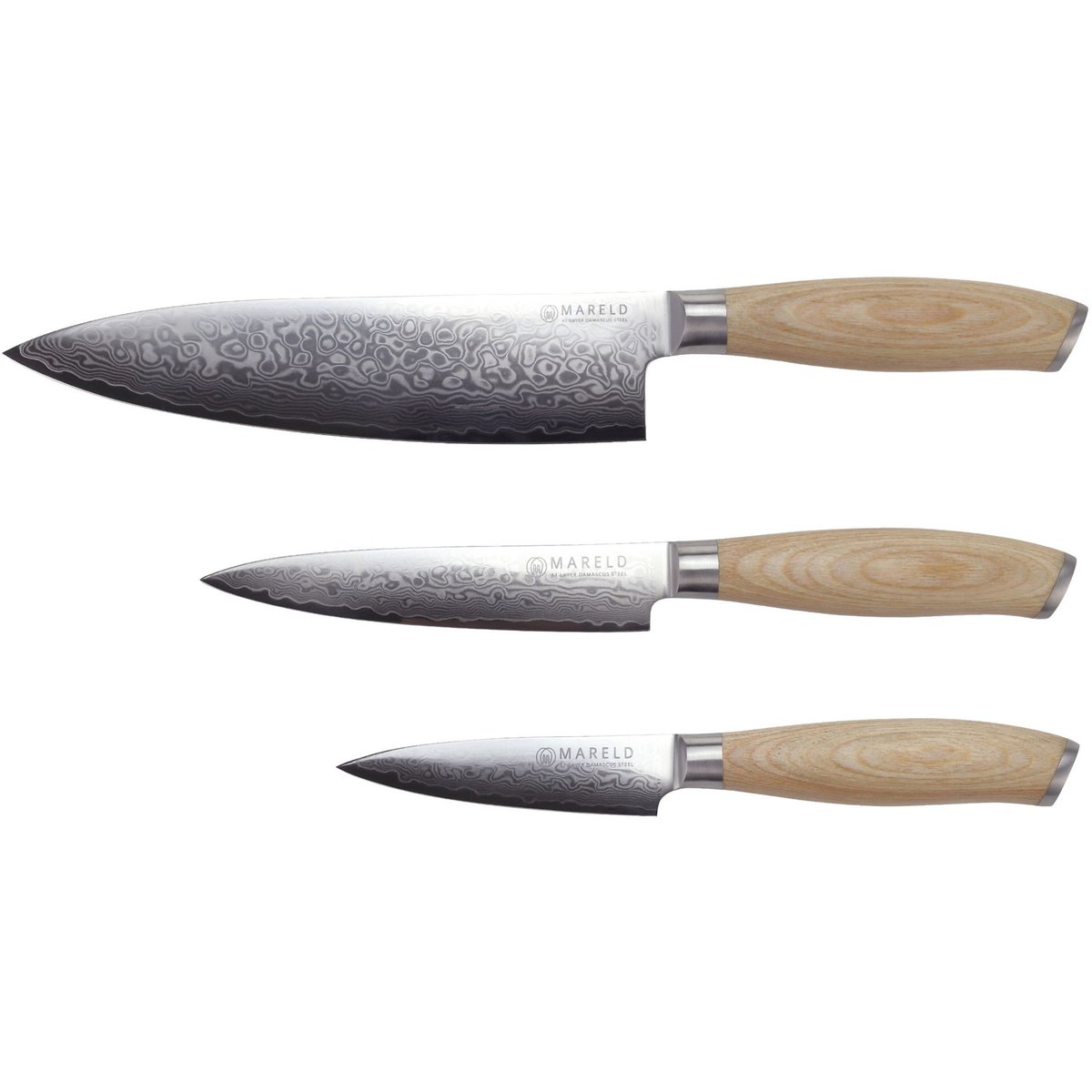 Akio sett med 3 japanske kniver: kokkekniv 21 cm, universalkniv 13 cm og skrellekniv 9 cm