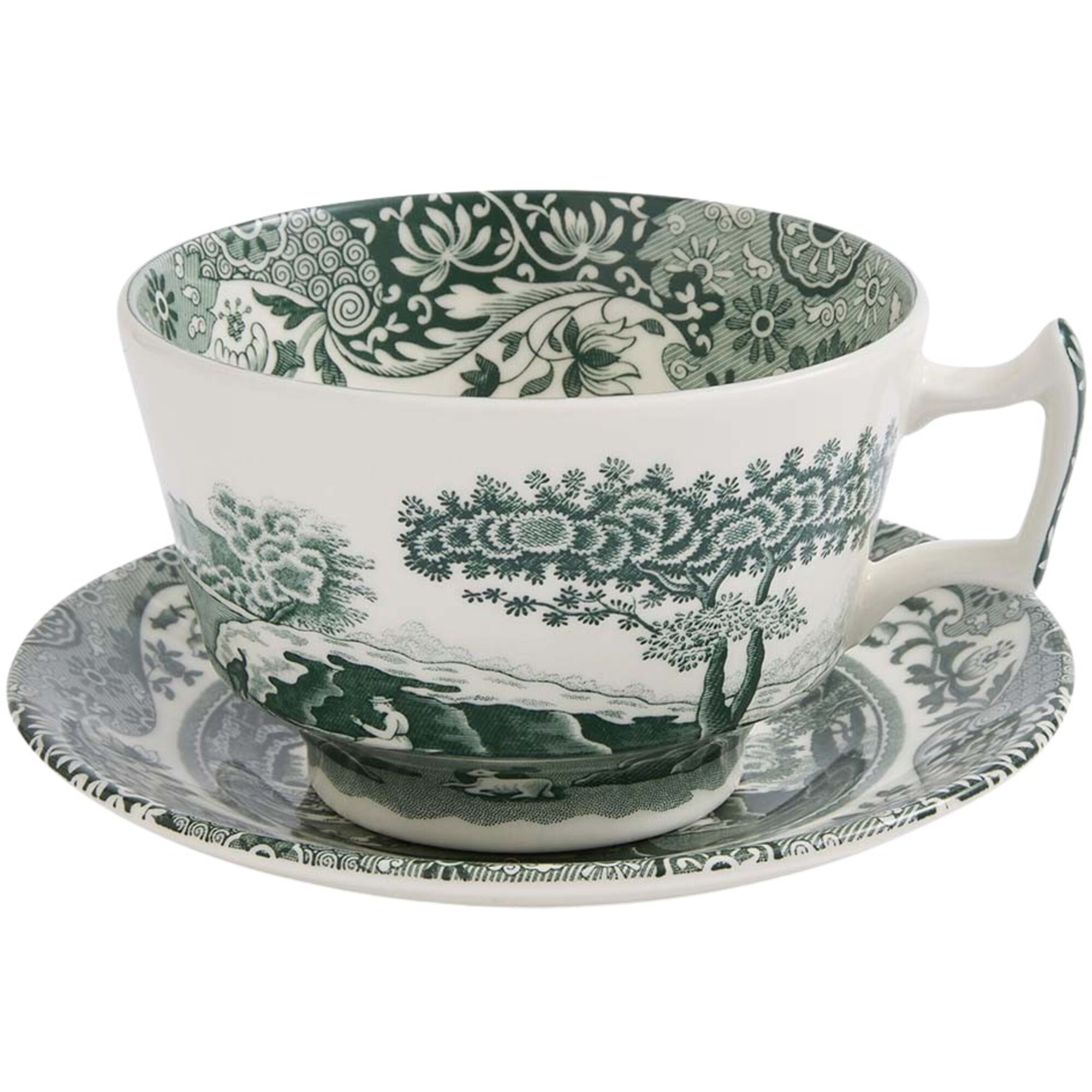Spode Heritage Green Italian morgenmadskop med underkop 28 cl, grøn/hvid