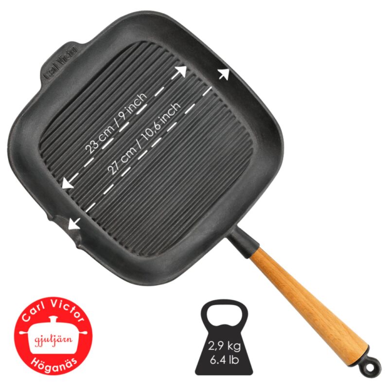 Grillpanna i gjutjärn 28x28 cm, handtag i bokträ