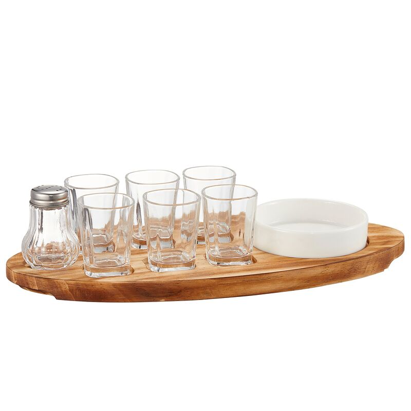 Shonta-shottitarjotin, sis. 6 lasia, suolasirottimen ja lautasen