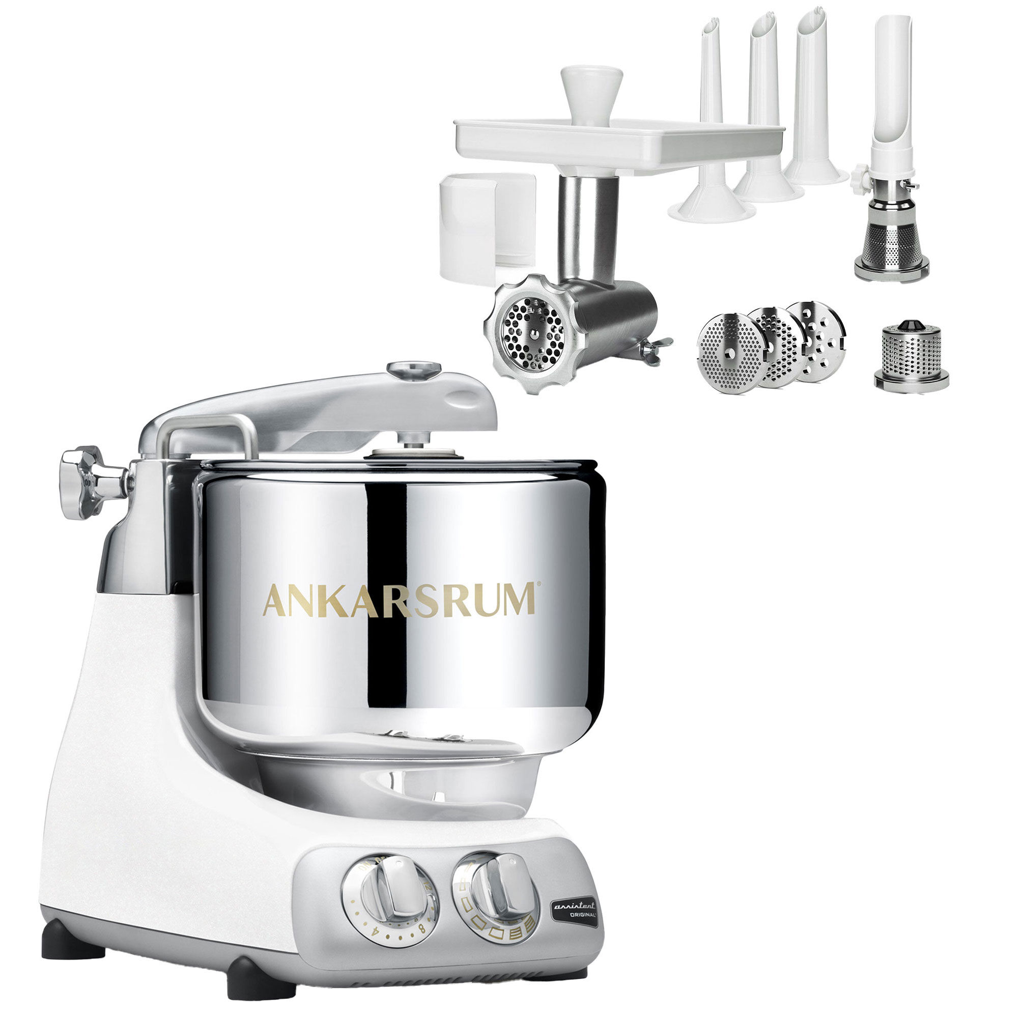 Ankarsrum Assistent AKM 6230 røremaskine + komplet kødhakker, glossy white
