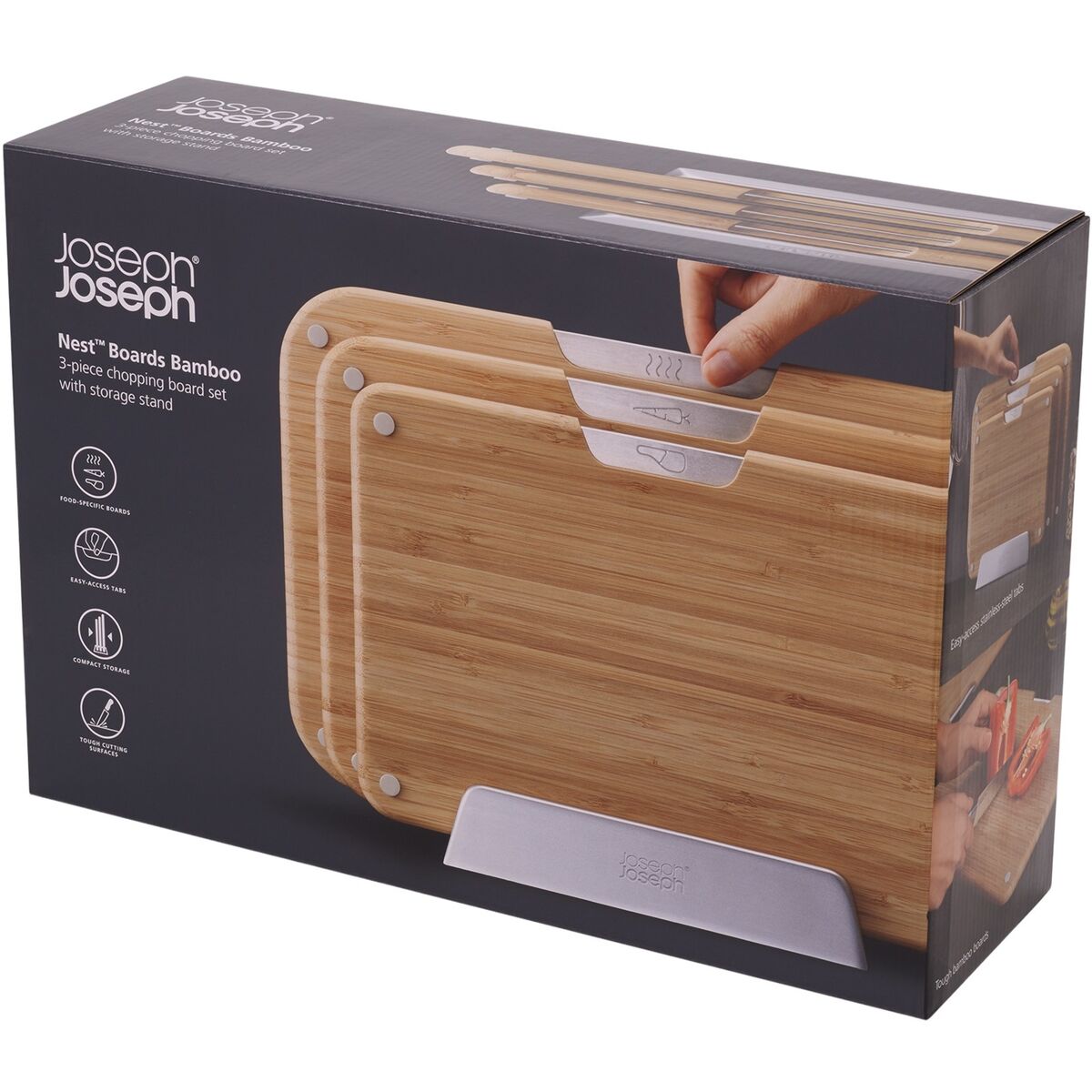 Joseph Joseph Nest Bamboo skærebræt sæt, 3 dele med stativ