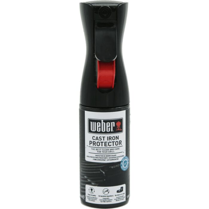 Sort sprayflaske med rød aftrækker og etiketten Weber Cast Iron Protector, på hvid baggrund