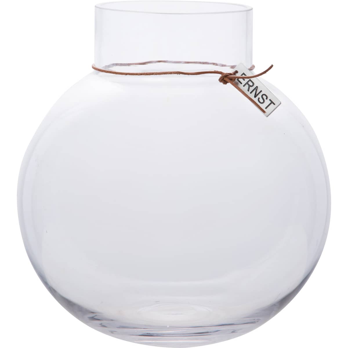 Rund glasvase med læderbånd, 25 cm.