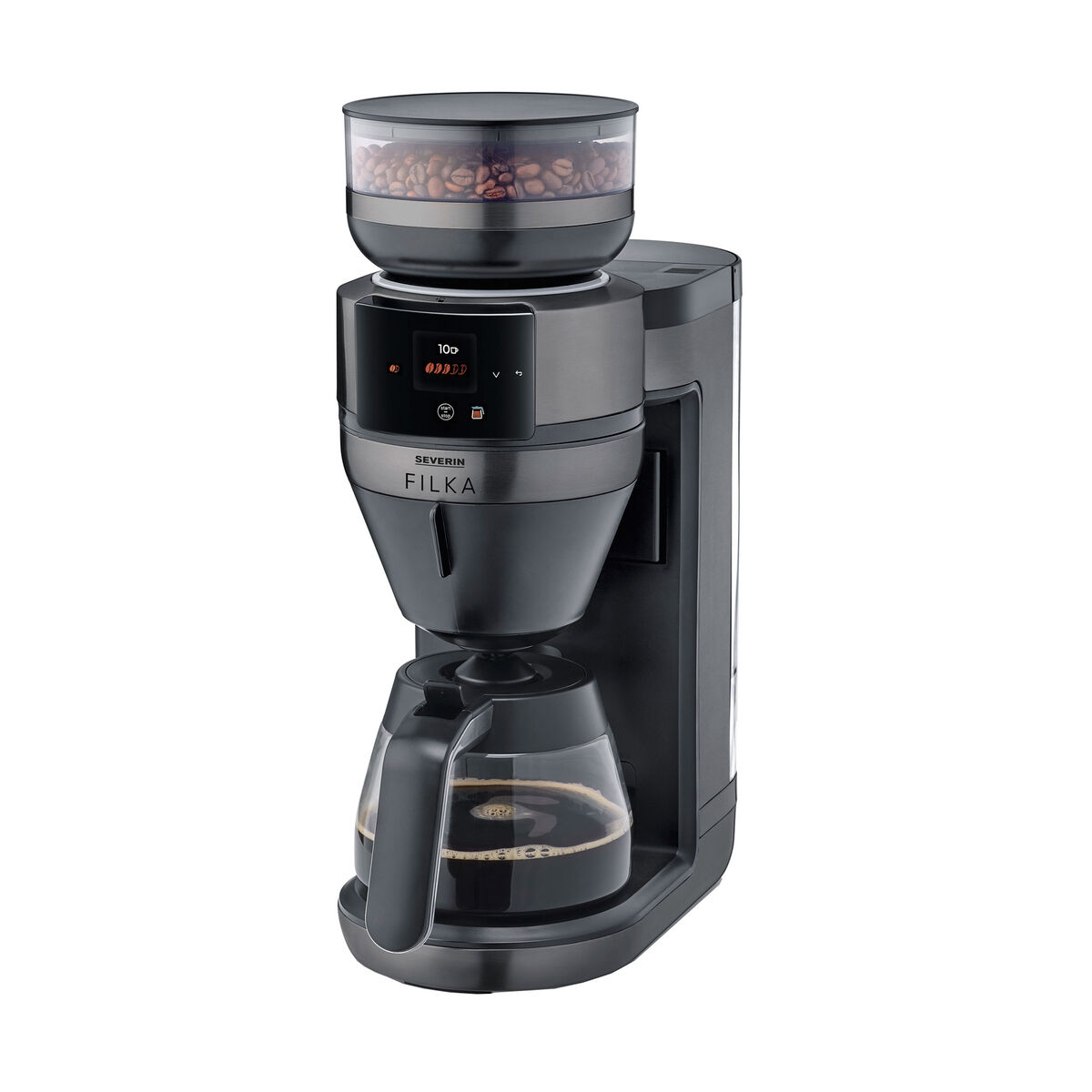 Severin FILKA kahvinkeitin lasikannulla, tumma metallipinta
