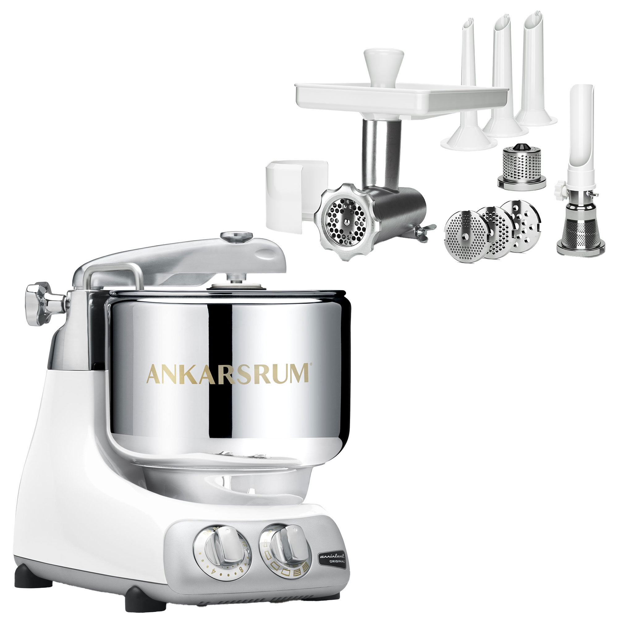 Ankarsrum Assistent AKM 6230 røremaskine + komplet kødhakker, mineralhvid
