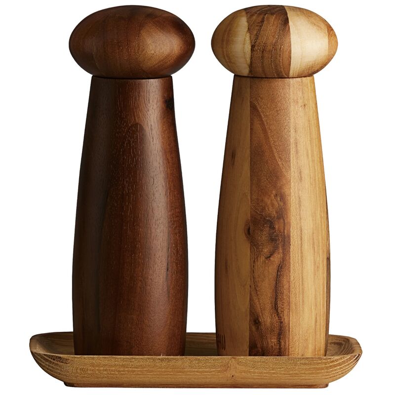 Raw kværnsæt + bakke, teak/mørkt træ