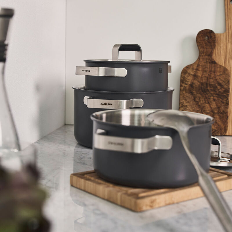 Pure grydesæt 3 dele + 2 låg, rustfrit stål, grå