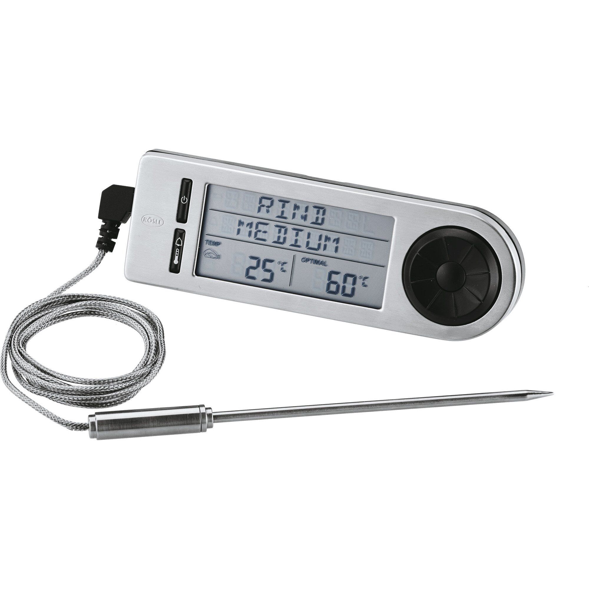<p>Rösle Digital Stegetermometer er et digitalt termometer designet til præcist måling af temperaturer. Enheden er fremstillet af rustfrit stål og plast og benytter en digital display-skærm til at vise temperaturen i Fahrenheit eller Celsius. Termometeret aktiveres med en enkelt knap, og den måleres temperatur vises hurtigt. Det er egnet til måling af temperaturer i madvarer, især under bagning, kagedyrkning eller til overvågning af madlavning. Dimensionerne er kompakte for nem håndtering. Strømforsyningen er baseret på to AAA-batterier (ikke inkluderet).</p>

<ul>
  <li>Præcis måling: Leverer nøjagtige temperaturmålinger for madlavning.</li>
  <li>Digital display: Viser temperaturen tydeligt i Fahrenheit eller Celsius.</li>
  <li>Nem betjening: Aktiveres og nulstilles med en enkelt knap.</li>
  <li>Kompakt design: Let at håndtere og opbevare.</li>
  <li>Strømforsyning: Drives af to AAA-batterier (ikke inkluderet).</li>
</ul>