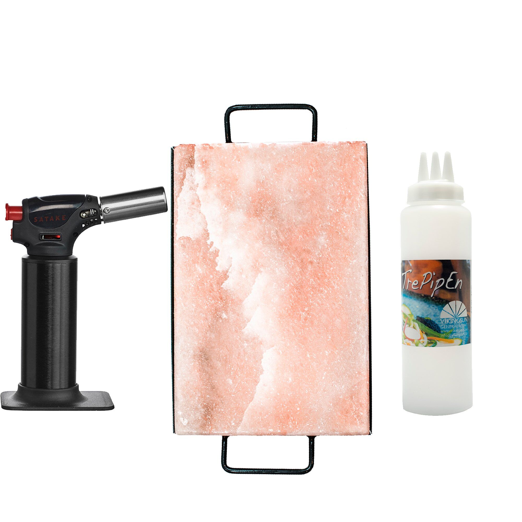 Gourmetset med gasbrännare, saltsten och dressingflaska