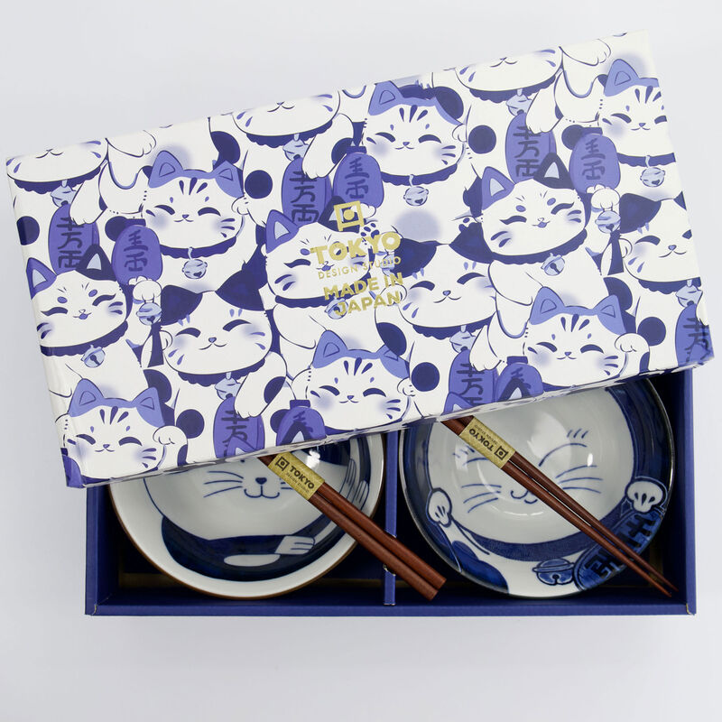 Kawaii Cat gavesett, skål + spisepinner