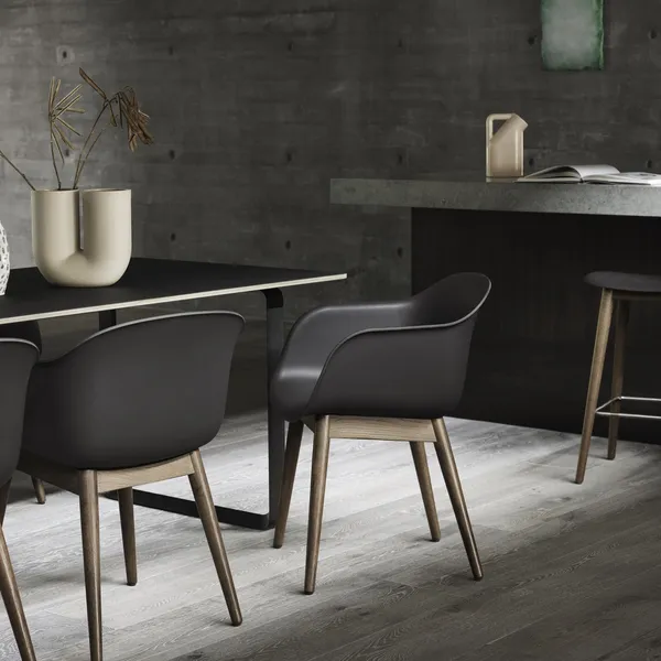 Fiber Dining Chair w. Armrests and Wood Base Gray