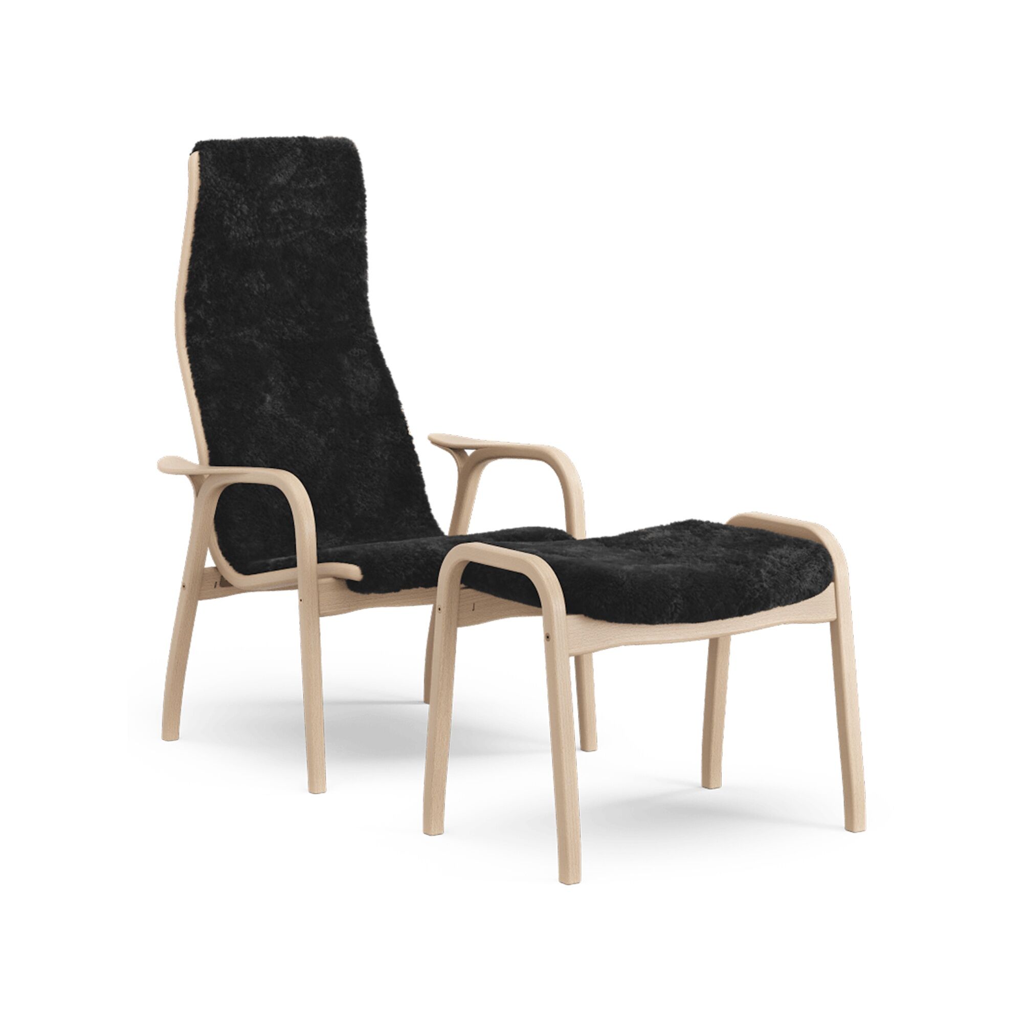 Fauteuil Suédois Lamino avec Repose-pieds Haut en Hêtre Laqué Chêne/ Noir/peau de Mouton