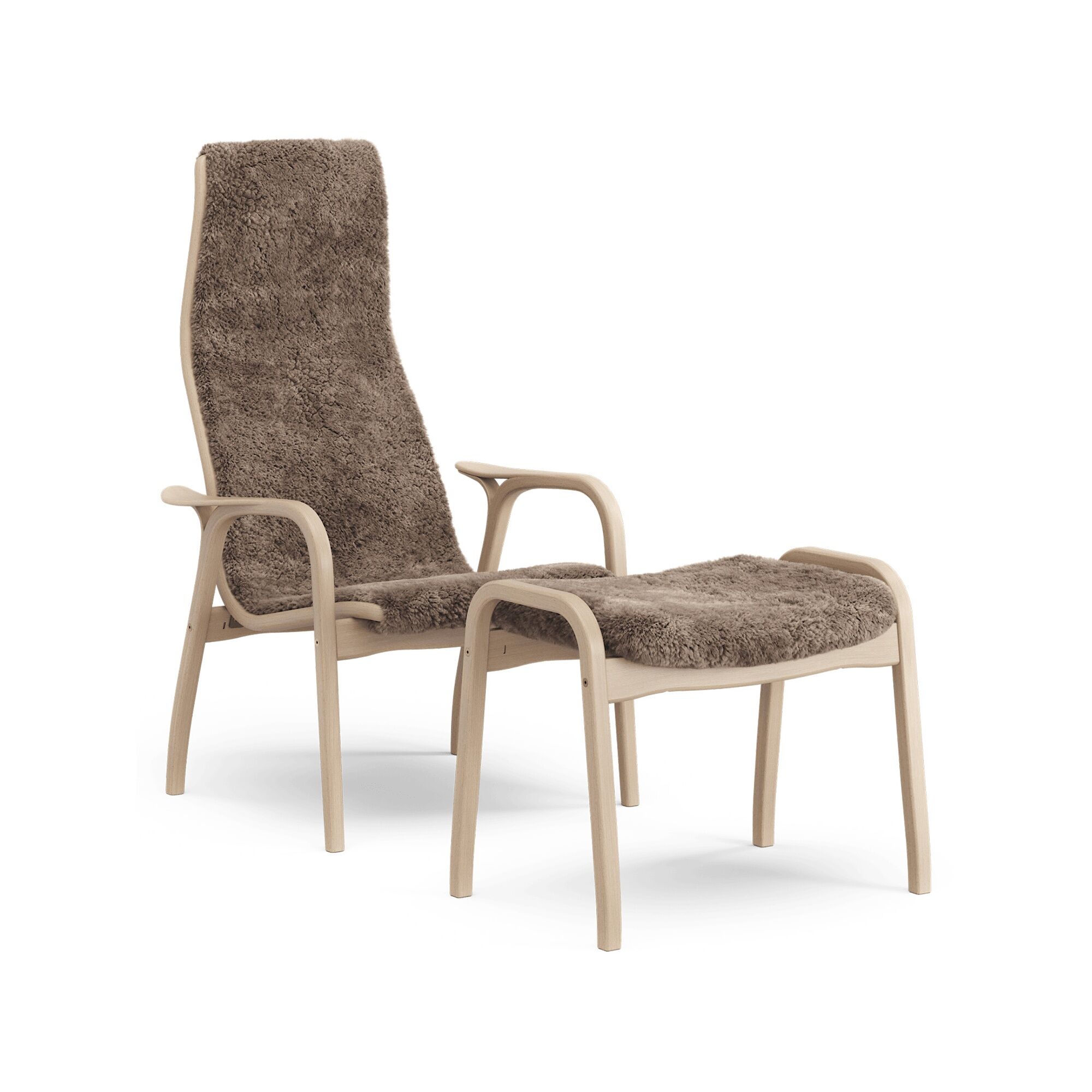 Fauteuil Suédois Lamino avec Repose-pieds Haut en Hêtre Laqué chêne/Sahara/peau de Mouton