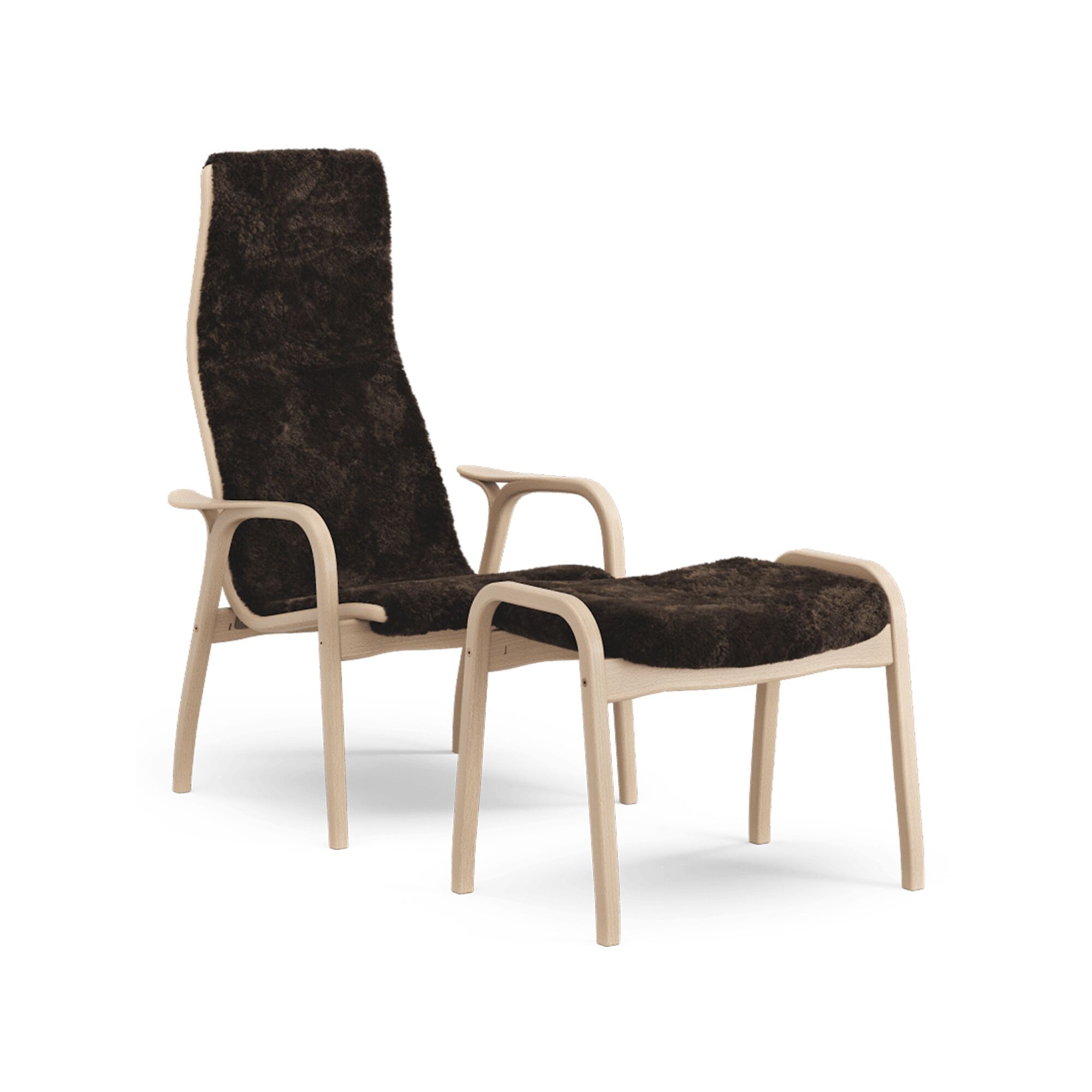 Lamino Fauteuil Haut Avec Repose-Pieds Hêtre Laqué Chêne/Espresso/Peau de Mouton