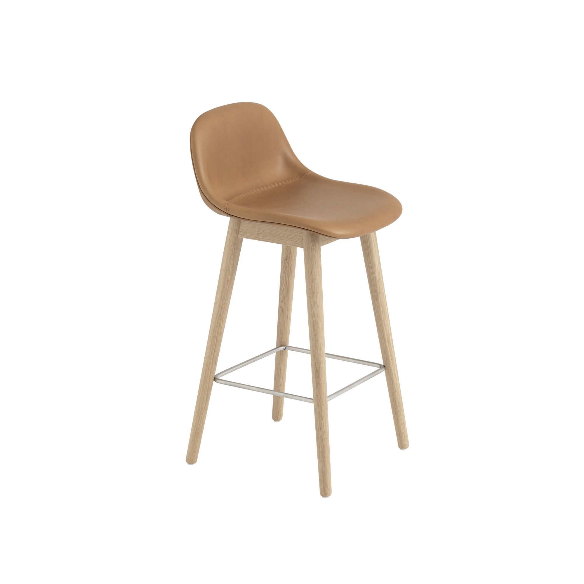 Tabouret de Bar Fiber m. Base et Dossier en Bois Rembourré en Cuir Cognac/Chêne H87,5 cm