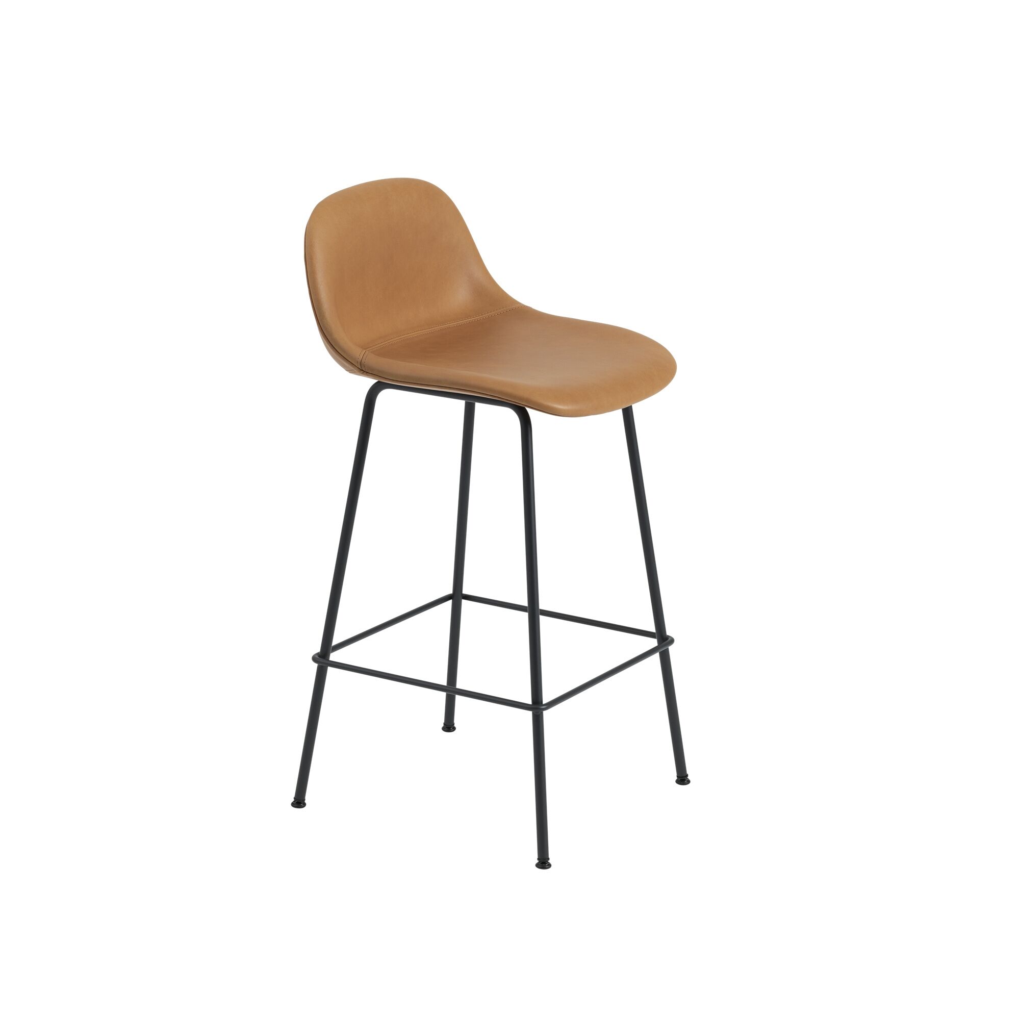 Fiber Barstol med Tube Base Og Ryglæn Læder Polstret Cognac/Sort H87,5 cm