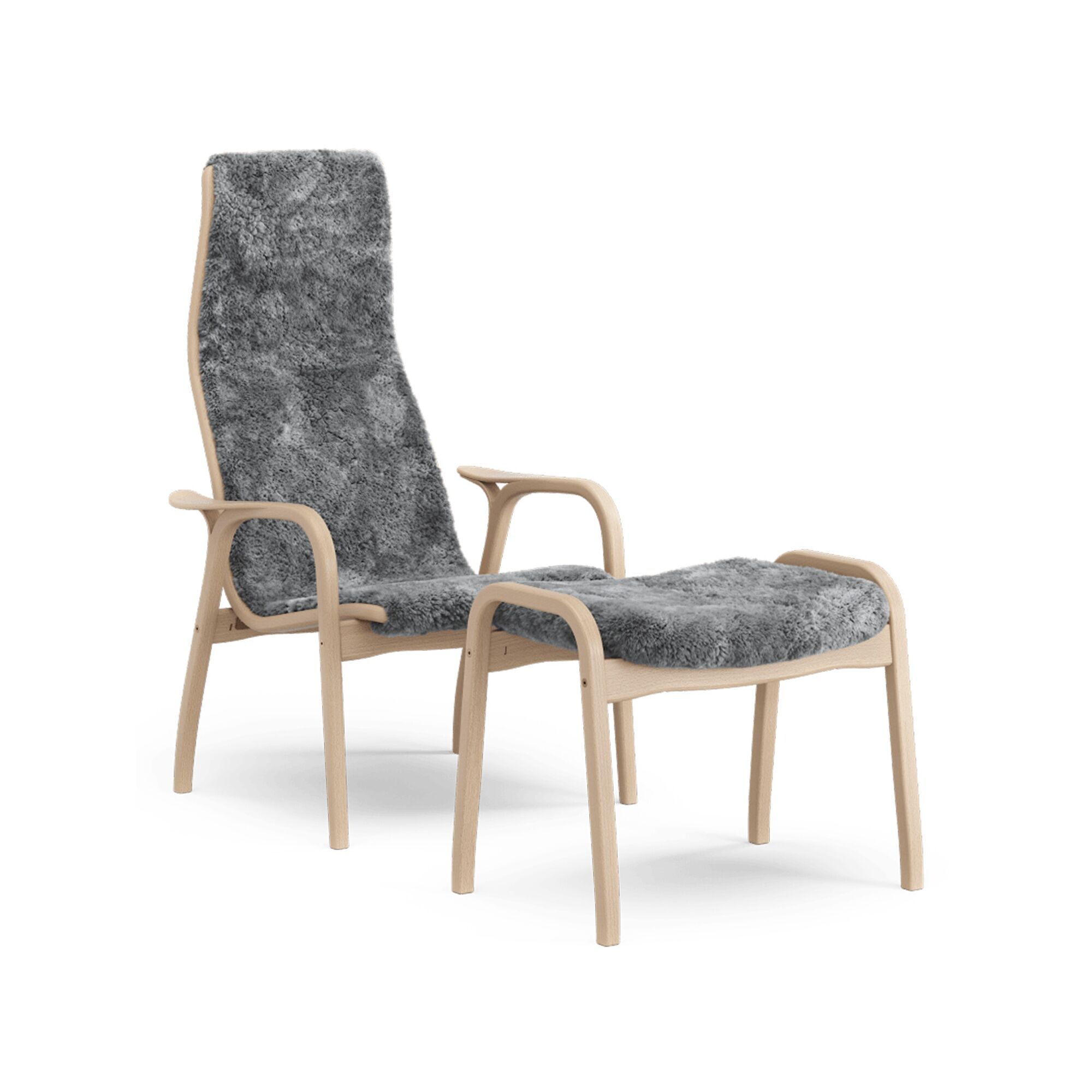 Fauteuil Suédois Lamino avec Repose-pieds Haut en Hêtre Laqué Chêne/gris Scandinave/peau de Mouton