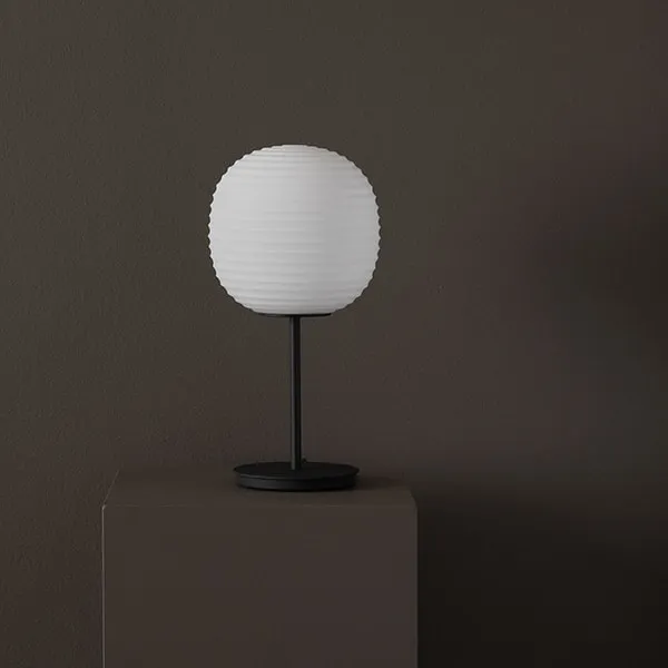 Lantern Table Lamp with Black Stem & Frosted White Opal Glas Medium