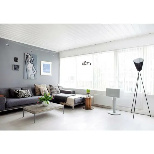 Oslo Holz Stehlampe , Metall und Hellblau Lampenschirm
