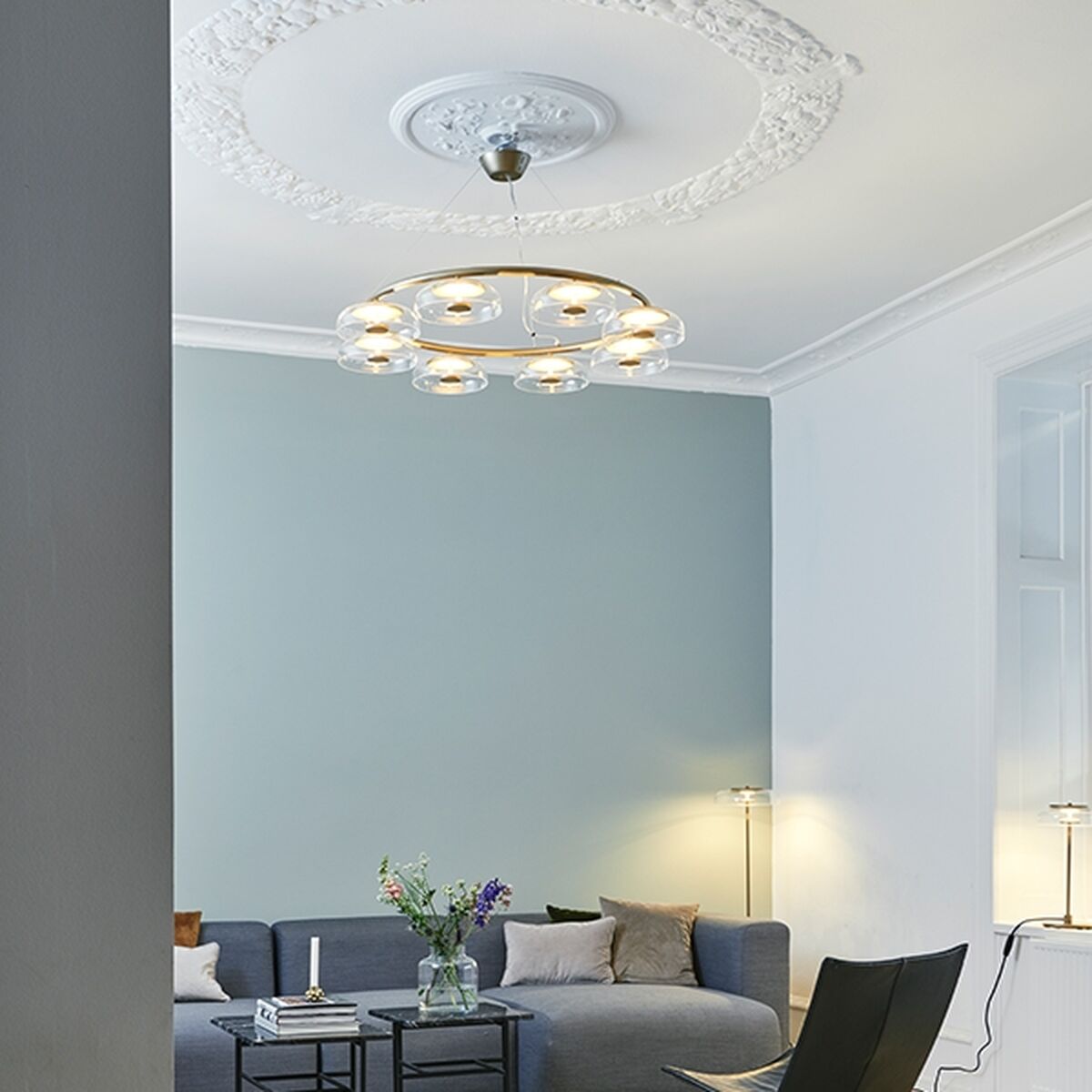 Blossi 8 Lysekrone Nordisk Gull & Klart Glass