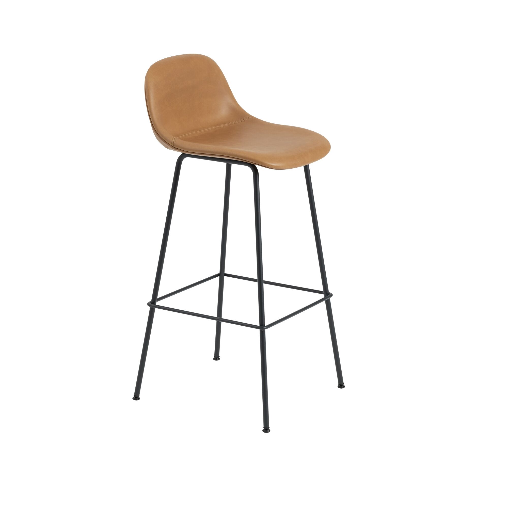 Fiber Barstol med Tube Base Og Ryglæn Læder Polstret Cognac/Sort H97,5 cm