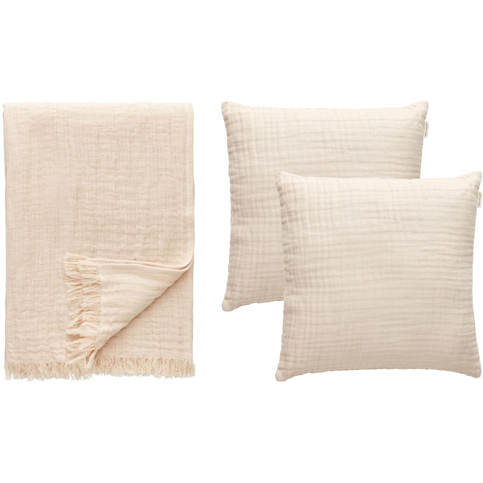 Crinkle Coussin & Plaid Set Beige
