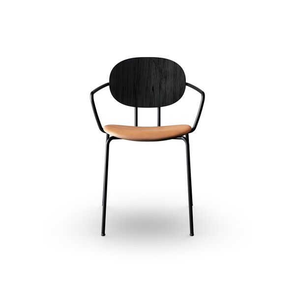 Silla de Comedor Piet Hein Negro con Reposabrazos Madera de Roble Negro y Cuero Coñac