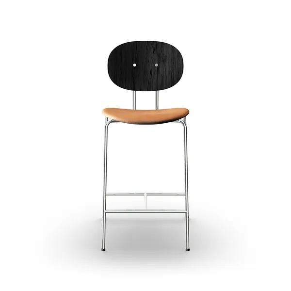 Piet Hein Bar Stool Chrome Black Oak and Cognac Leather