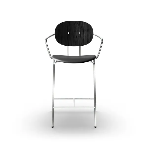 Piet Hein Barstool Chrome with Armrests Black Oak and Black Leather