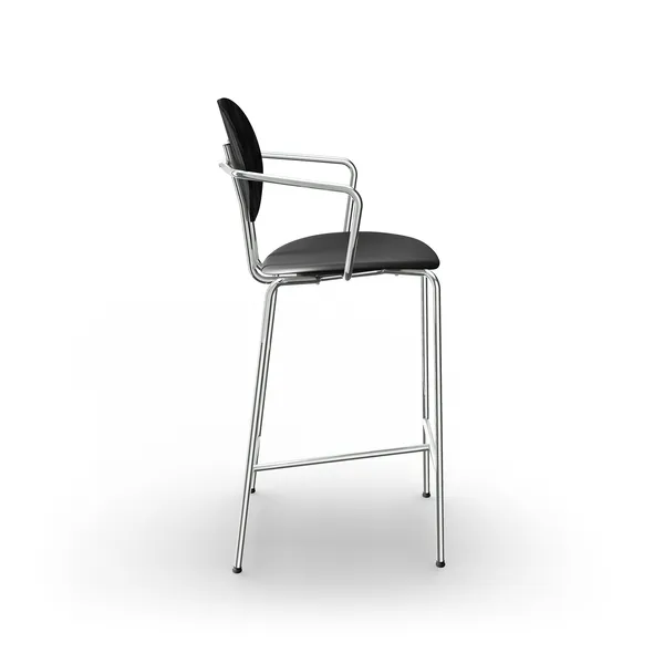 Piet Hein Barstool Chrome with Armrests Black Oak and Black Leather