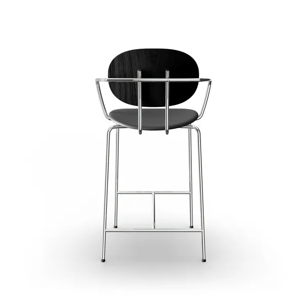 Piet Hein Barstool Chrome with Armrests Black Oak and Black Leather