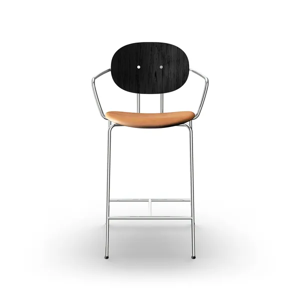 Piet Hein Barstool Chrome with Armrests Black Oak and Cognac Leather